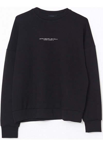 Lcw Vision Siyah Bisiklet Yaka Baskılı Oversize Kadın Sweatshirt