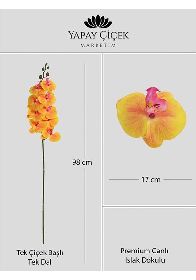 Turuncu Yapay Orkide Çiçeği Tek Dal Premium Canlı Islak Dokulu 98 Cm