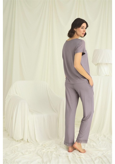 3dsepetim Kısa Kollu V Yakalı Dantelli Pijama Takımı Grı