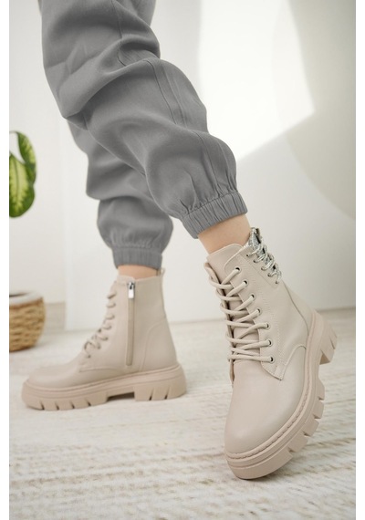 Nesil Shoes Fncy 206 Bej Fermuarlı Kadın Bot-bej Bej