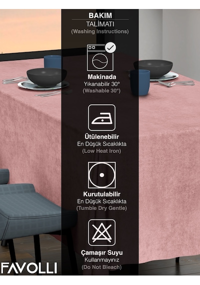 Kadife Dokulu Açık Pembe Renk Masa Örtüsü Açık Pembe