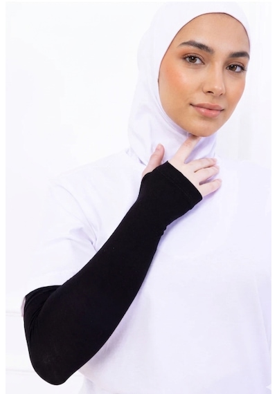 Alivascarf Parmak Geçmeli Likralı Kolluk Siyah - Kadın Tesettür Düz Namaz Kolluğu 1 Çift Viskon Hijab