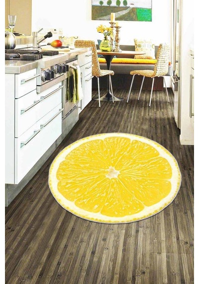 Sarı Kaymaz Tabanlı Limonlu Yuvarlak Mutfak Halısı Ar204n11