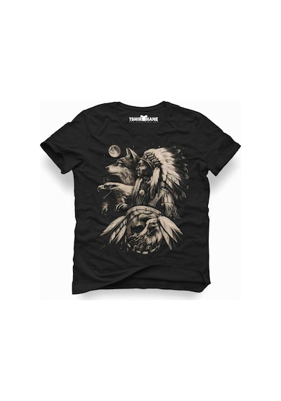 Kızılderili Kurt Erkek Baskılı Siyah Tshirt Çok Renkli