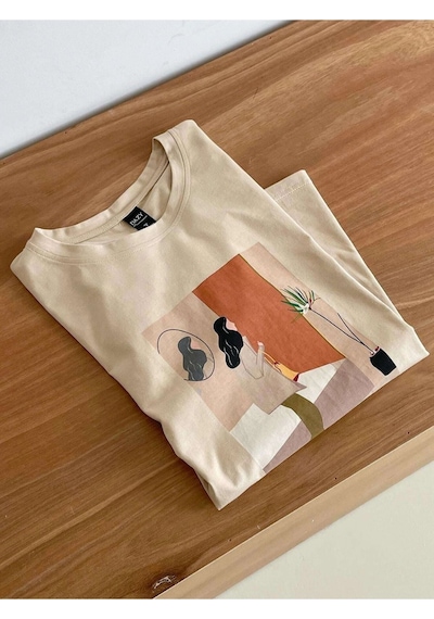 Kadın Bej Kadın Figür Baskılı Oversize Bisiklet Yaka T-shirt 001