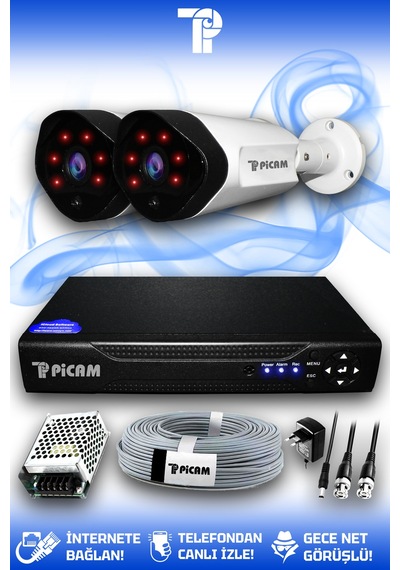 Picam 2 Kameralı Uzay 2 Dış Kamera Set HDD'siz Full HD Gece Görüşlü Güvenlik Kamerası Sistemi