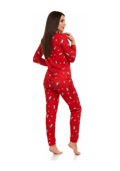 Bisiklet Yaka Süet Pijama Takımı 6005 Penguen Kırmızı Kırmızı