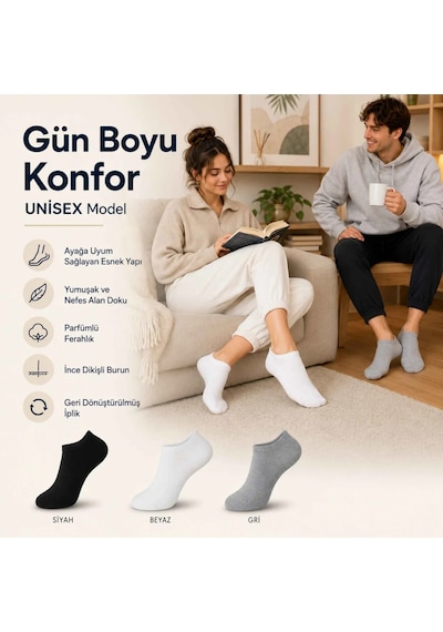 Unisex Kısa Konç 6 Lı Patik Çorap, %85 Pamuklu Geri Dönüştürülmüş İplik, Parfümlü İnce Dikişli, Günl Beyaz