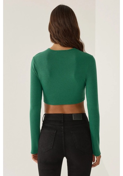 Hiccup Slim Fit Örme Crop Bluz Yeşil