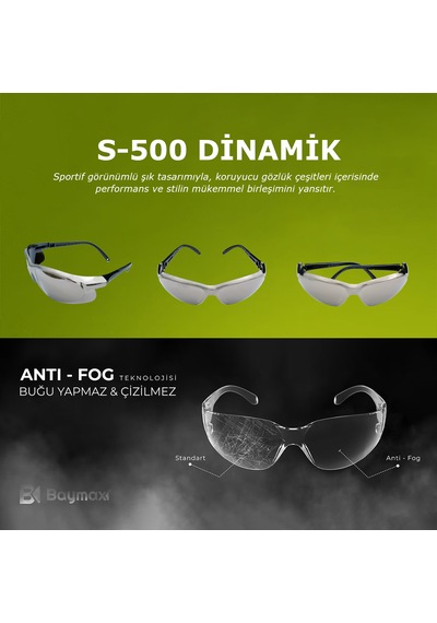 Baymax S-500 Dinamik Antifog Gümüş Aynalı Buğu Yapmayan Toz Çapak Koruyucu İş Güvenlik Gözlüğü