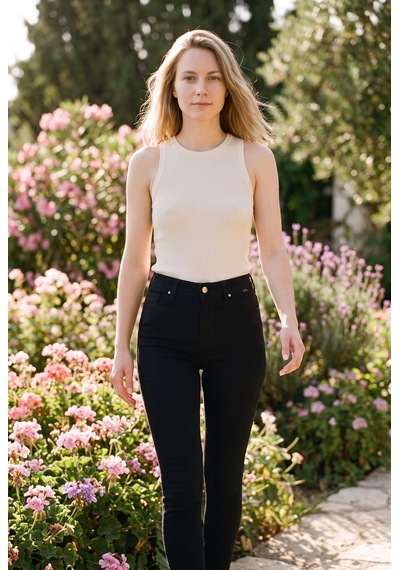 Soulshae Likralı Yüksek Bel Kemerli Skinny Denim Pantolon Siyah