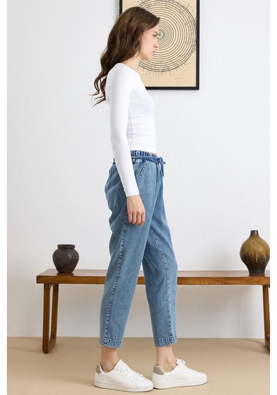 Olcay Bağcık Detaylı Beli Lastikli Soft Denim Pantolon Mavi 7586