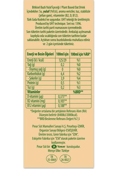 Pınar Nature Blend Bitkisel Bazlı Yulaf İçeceği 1 Lt X 6 Adet