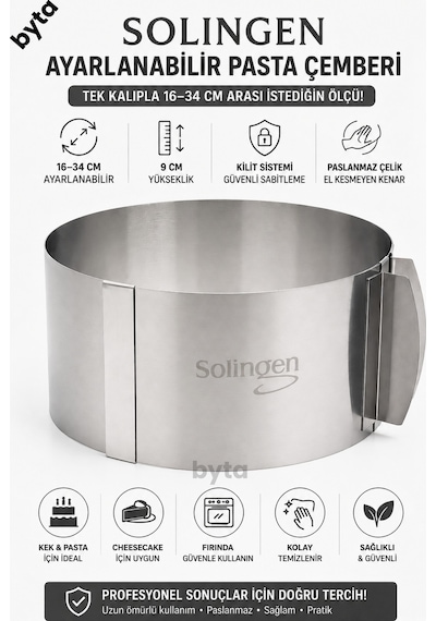 Solingen Kek Kalıbı Paslanmaz Çelik Ayarlanabilir 16-34 Cm Kilitli Sistem Fırın Ve Airfryer Uyumlu Gri