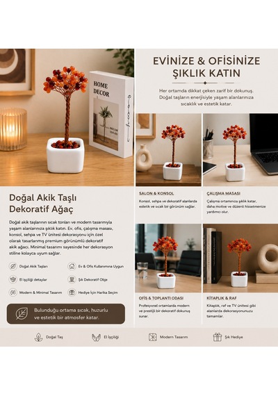 Bak Gel Al Doğal Akik Taşlı Dekoratif Ağaç Ev & Ofis İçin Şık Masaüstü Dekoru Premium Tasarım