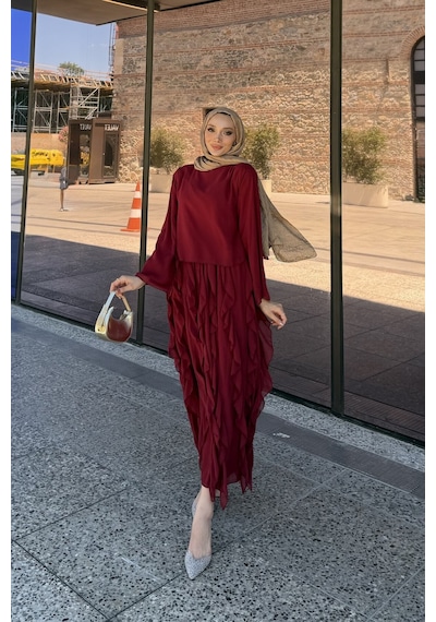 Riella Butik Mirel Volanlı Tesettür Takım Kırmızı