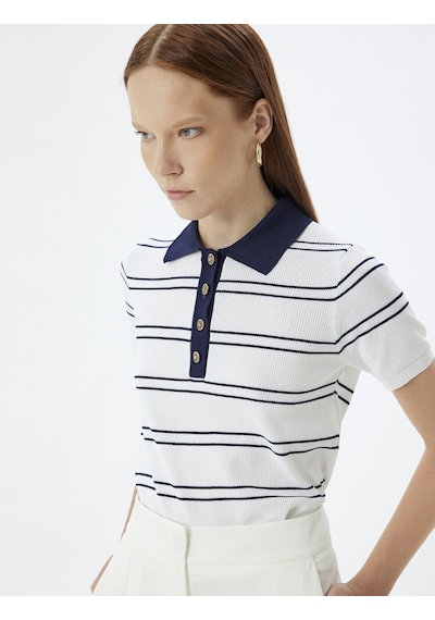 Koton Polo Yaka Triko Kazak Kısa Kollu Gold Düğme Detaylı Lacivert Çizgili 5wak90124ht Lacivert
