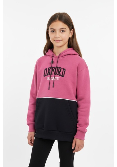 Kapşonlu Oxford Baskılı Kanguru Cepli Kız Çocuk Sweatshirt-90865 Pembe