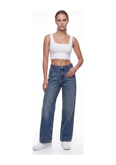 CEMO Kadın Yüksek Bel Wide Leg Jean Pantolon Mavi