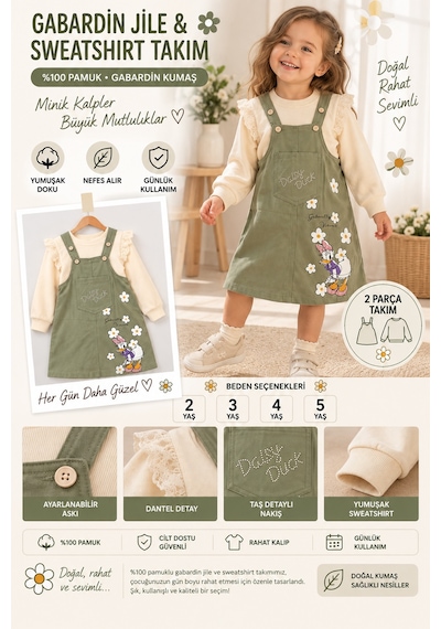 Nota Kids Kız Çocuk Çiçek Baskılı Gabardin Jile Elbise Takımı Dantel Detaylı Sweatshirtlü 2'li Takım Yeşil