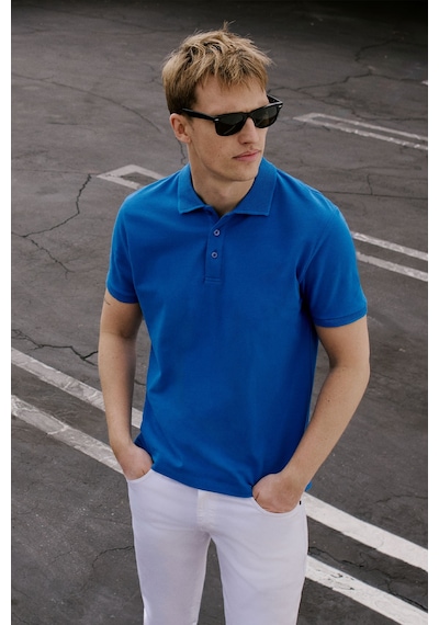 Erkek Royal Mavı Slim Fit Dar Kesim Polo Yaka %100 Pamuk Kısa Kollu Tişört Royal Mavı