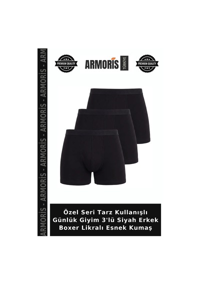 Armoris Özel Seri Tarz Kullanışlı Günlük Giyim 3'lü Siyah Erkek Boxer Likralı Esnek Kumaş