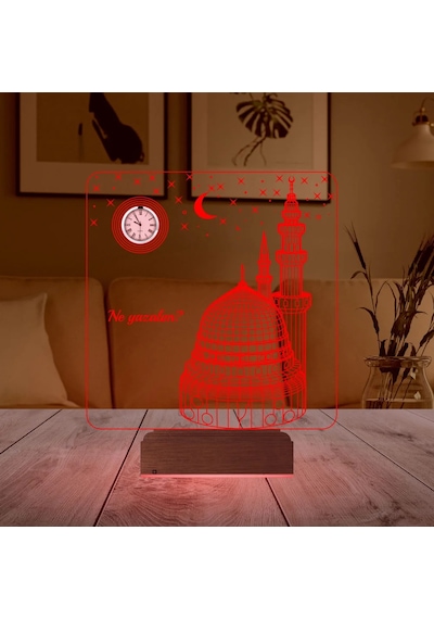 Luvivia Cami Tasarımlı Kişiye Özel Metal Saatli 3d Lamba - Masa Gece Lambası Şeffaf