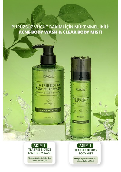 Akneye Eğilimli Ciltlere Vücut Bakım Misti Kundal Tea Tree Biotics Body Mist 200ml Apple Green Tea