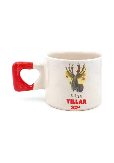 Mutlu Yıllar 2024 Geyik Baskılı Kırmızı Kulplu Kalp Yılbaşı Kupası