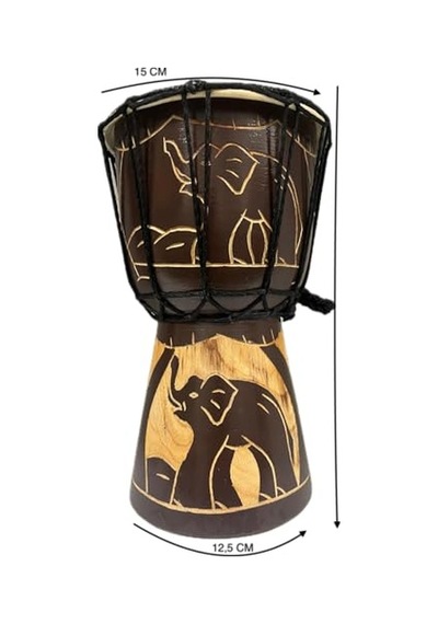 Otantik Ahşap Djembe Davul, 25 Cm, Mahoni Ağacı Ve Keçi Derisi, El Yapımı Bali Endonezya, Fil Figürlü, 14 Cm Deri Çap