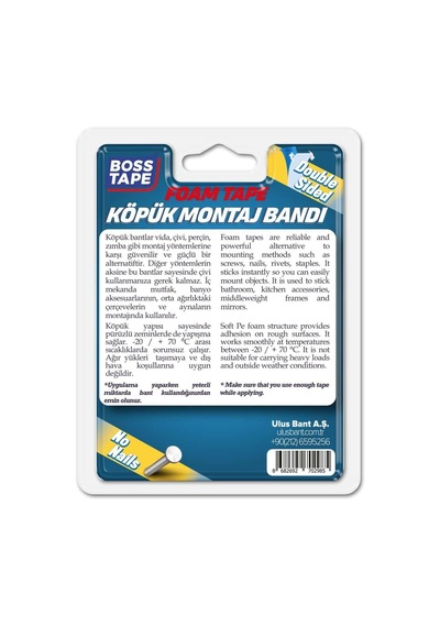Boss Tape Çift Tarafli Köpük Aksesuar Montaj Bandi 15 Kg, 19 Mm X 2 Metre Boyut