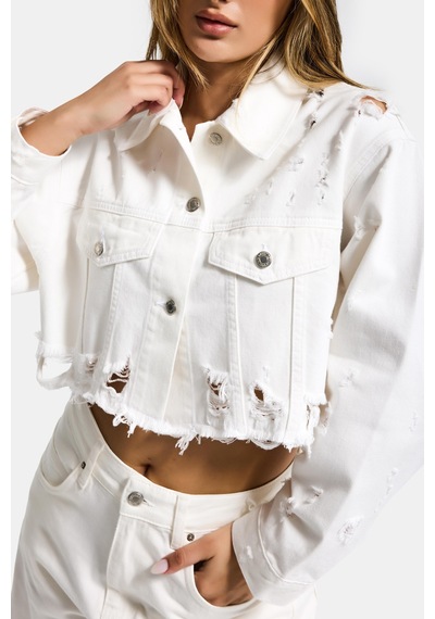 it's basic Kadın Kırık Beyaz 15s6-101 Crop Fit Lazer Detaylı Denim Ceket