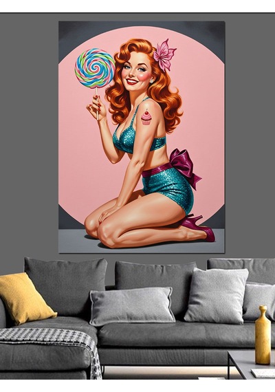 Ahşap Tablo Sarmal Şeker Yiyen Pin-up Kız İnsan Figürlü Tablolar