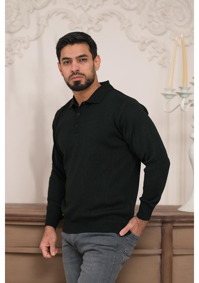 Woolen World Polo Yaka Düz Renk Yünlü Erkek Triko Kazak Siyah