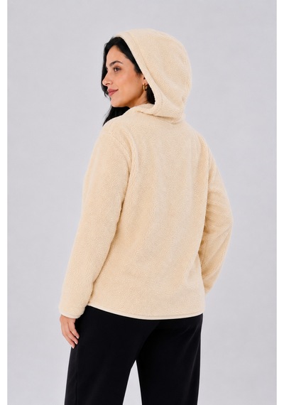 Gülmina Moda Kadın Çift Taraflı Wellsoft Yarım Fermuarlı Kapişonlu Sweat - Krem
