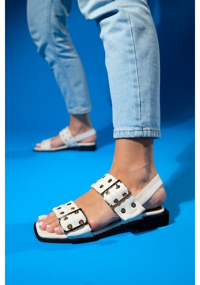 Luvishoes Blob Ekru Cilt Tokalı Kadın Sandalet Ekru
