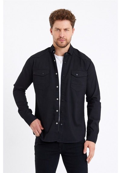 Cool Tarz Erkek Siyah Çift Cepli Çıt Çıt Düğmeli Slim Fit Kot Gömlek-tcktgmlkr01s Siyah Siyah