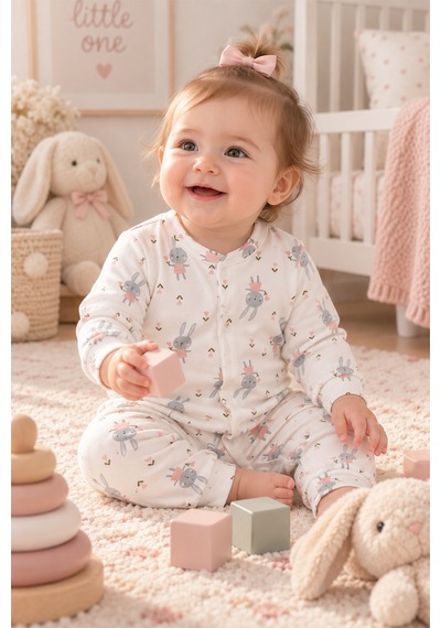 Luppinos Soft Dream Geniş Kalıp %100 Pamuk Tavşan Baskılı Çıtçıtlı Tulum Beyaz