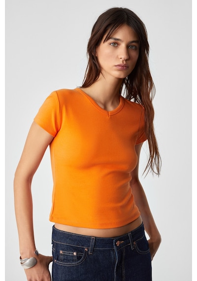 Ethıquet Masroutı Kadın Slim Kısa V Yaka Kısa Kol Turuncu T-shirt