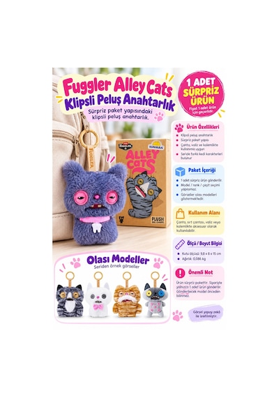 Fuggler Alley Cats Klipsli Peluş Anahtarlık Sürpriz Paket - 1 Adet Çok Renkli
