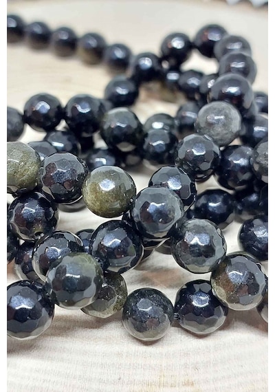 Golden & Siyah Obsidyen Taşı Faset Kesim Dizi 8mm