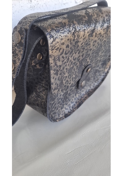Medorya Design Dore Işıltılı Siyah Leopar Hakiki Deri Mini Çanta Altın - Siyah