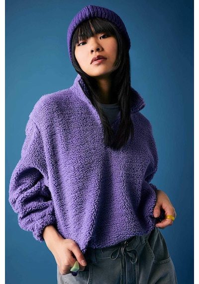 Defacto Coool Oversize Fermuarlı Dik Yaka Basic Düz Pelüş Sweatshirt B9836AX23WNPR262 Mor