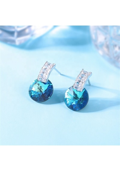 Monemel Swarovski Taşlı Mavi Yuvarlak Küpe Altın Kaplama E0763 Gümüş - Rodyum