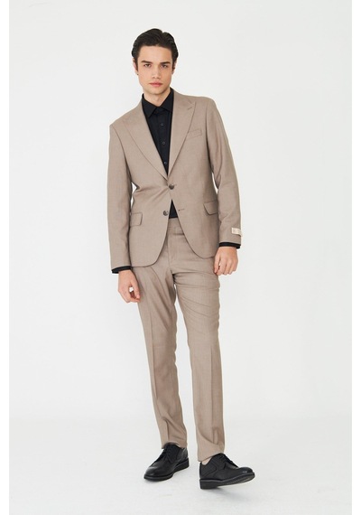Bej Klasik Yaka Slim Fit Modern Erkek Takım Elbise Bej