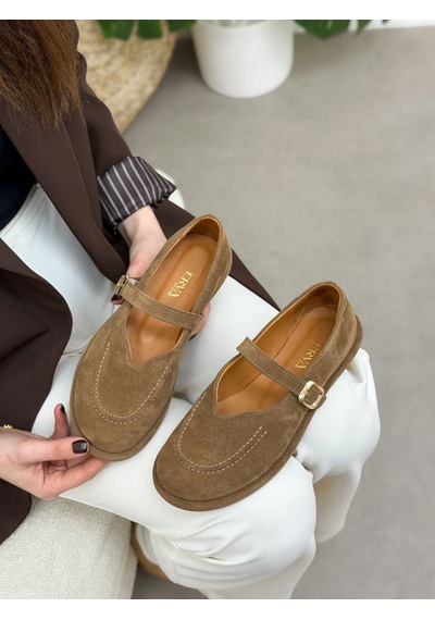Erva'nın Butiği Camel Hakiki Deri Roger V Kesim Kadın Ayakkabı-6174 Camel Süet