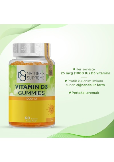 Natures Supreme Vitamin D3 Gummies 60 Çiğnenebilir Form Portakal