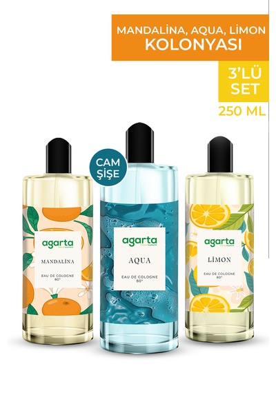 Agarta Aqua + Limon + Mandalina Kolonyası Cam Şişe 3 x 250 ML