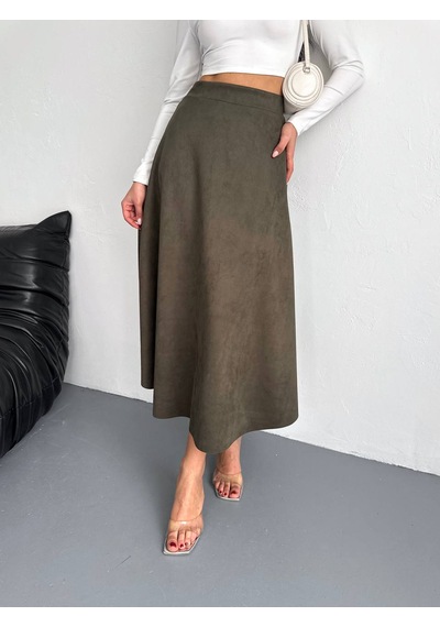Ozy Fashion Kadın Süet Kloş Etek Haki