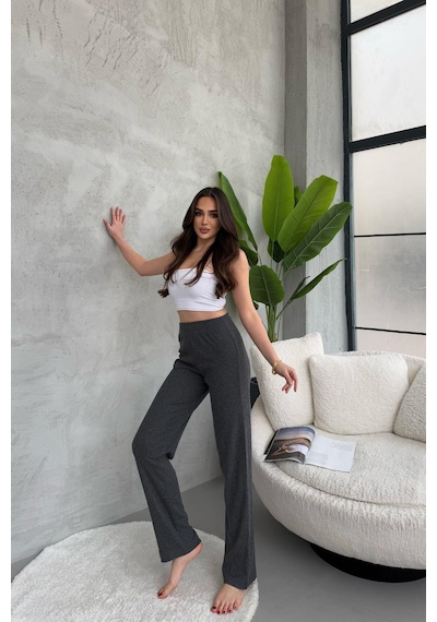 Kadın Füme Yüksek Bel Fitilli Bol Paça Günlük İnce Eşofman Altı Pijama Füme